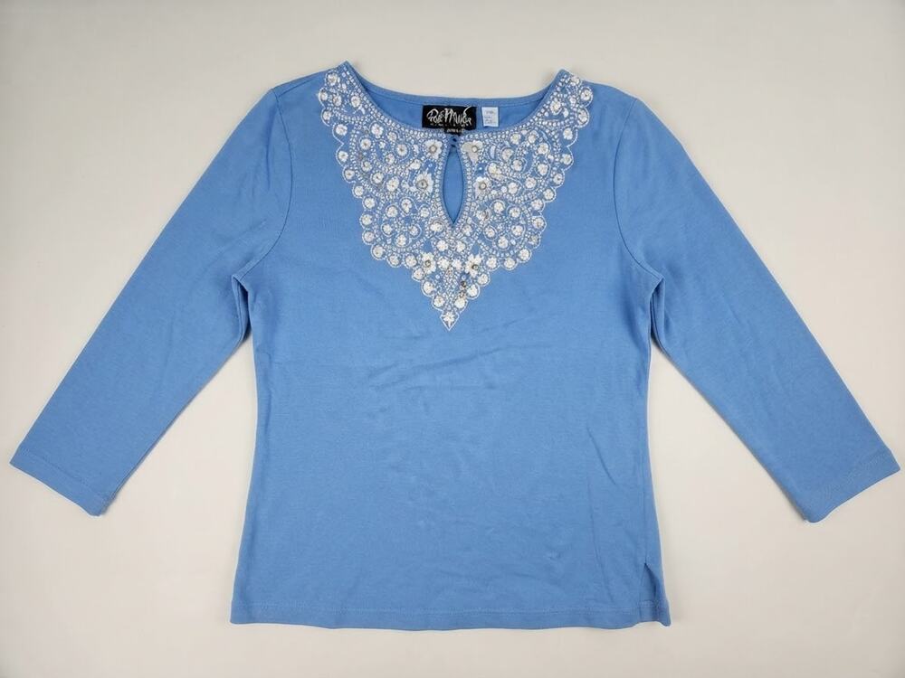 Bob Mackie Wearable Art XS Periwinkle Blue Top Embroidered Rhinestone (Stain)